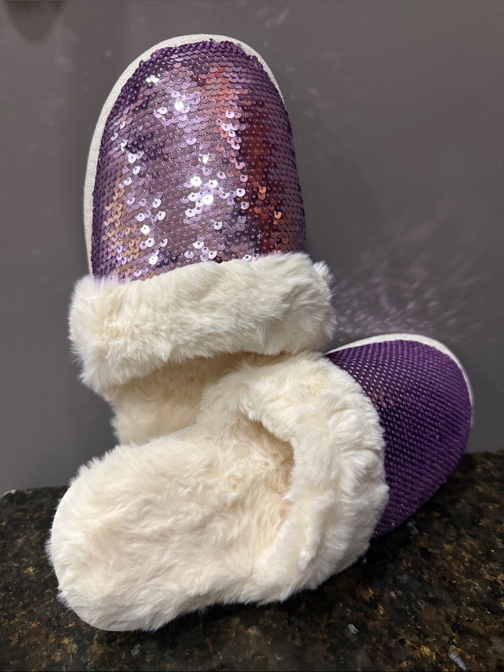 Slippers Purple Sequin Faux Fur Lined NIP